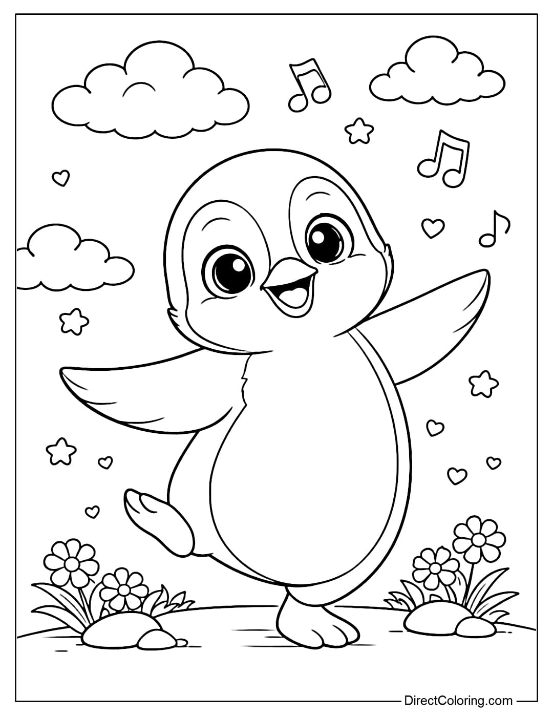 A coloring page of a dancing penguin, one leg slightly lifted, wings spread out, with a joyful expression.