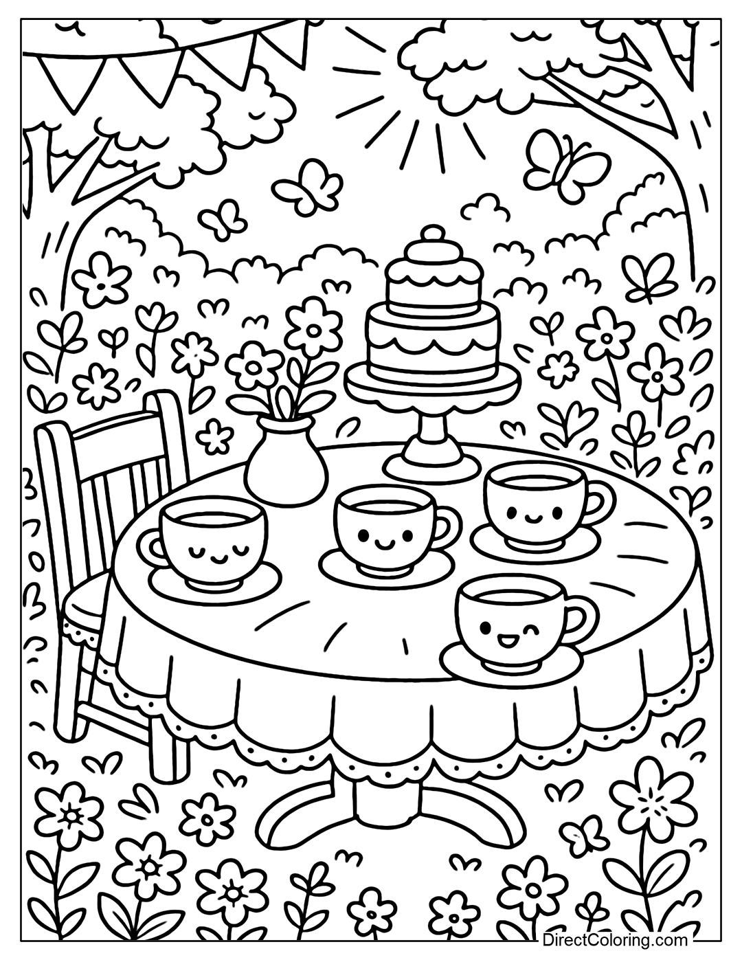 Kawaii tea party table coloring page in the garden with many small cups of tea, layered cakes and fresh flowers, the tea cups have happy faces as if they are chatting.