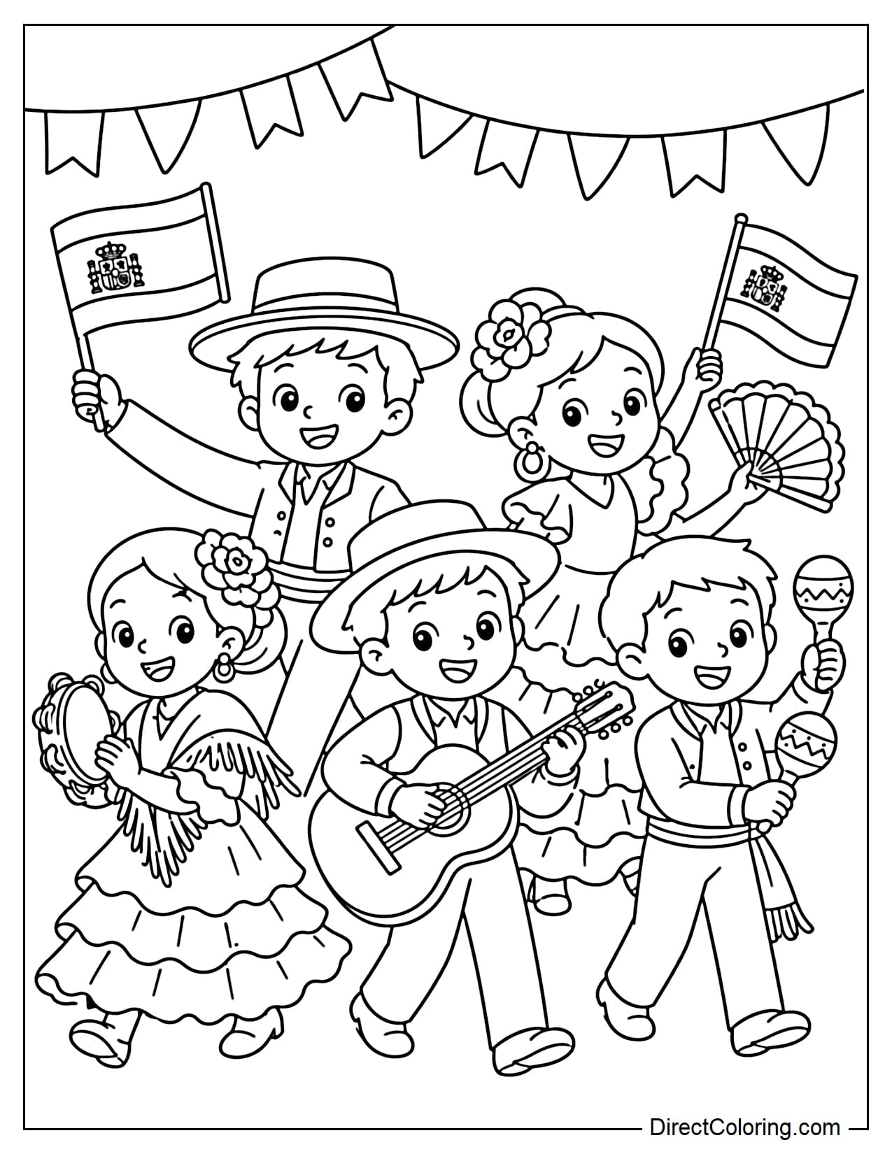 A war warning march in Spain with characters in traditional clothing, carrying small flags and musical instruments, a cheerful atmosphere, and a background with some decorative flag strings.