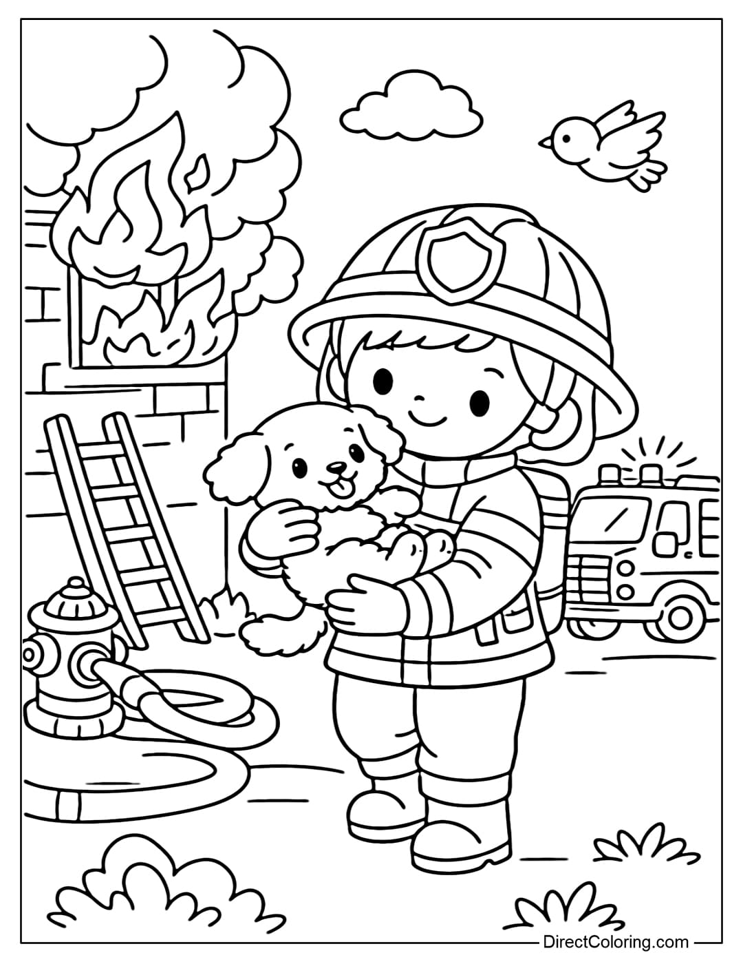 Coloring page of a firefighter rescuing a dog from a fire.