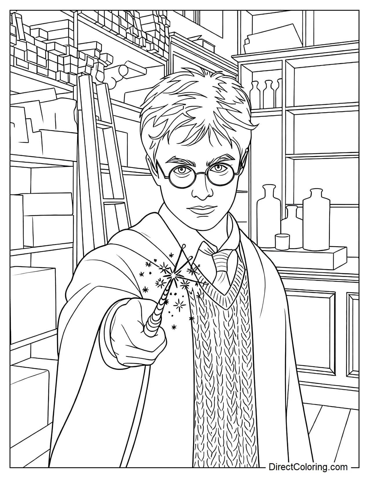 Harry Potter is standing inside a wand shop and trying a wand in his hand, with a few magical stars appearing from its tip and tall shelves filled with wand boxes behind him.