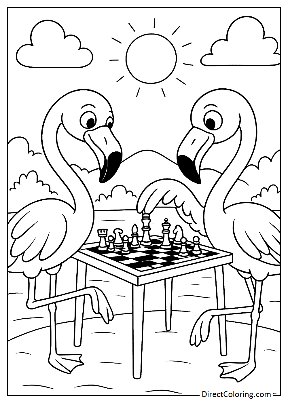 Two flamingos playing chess coloring page