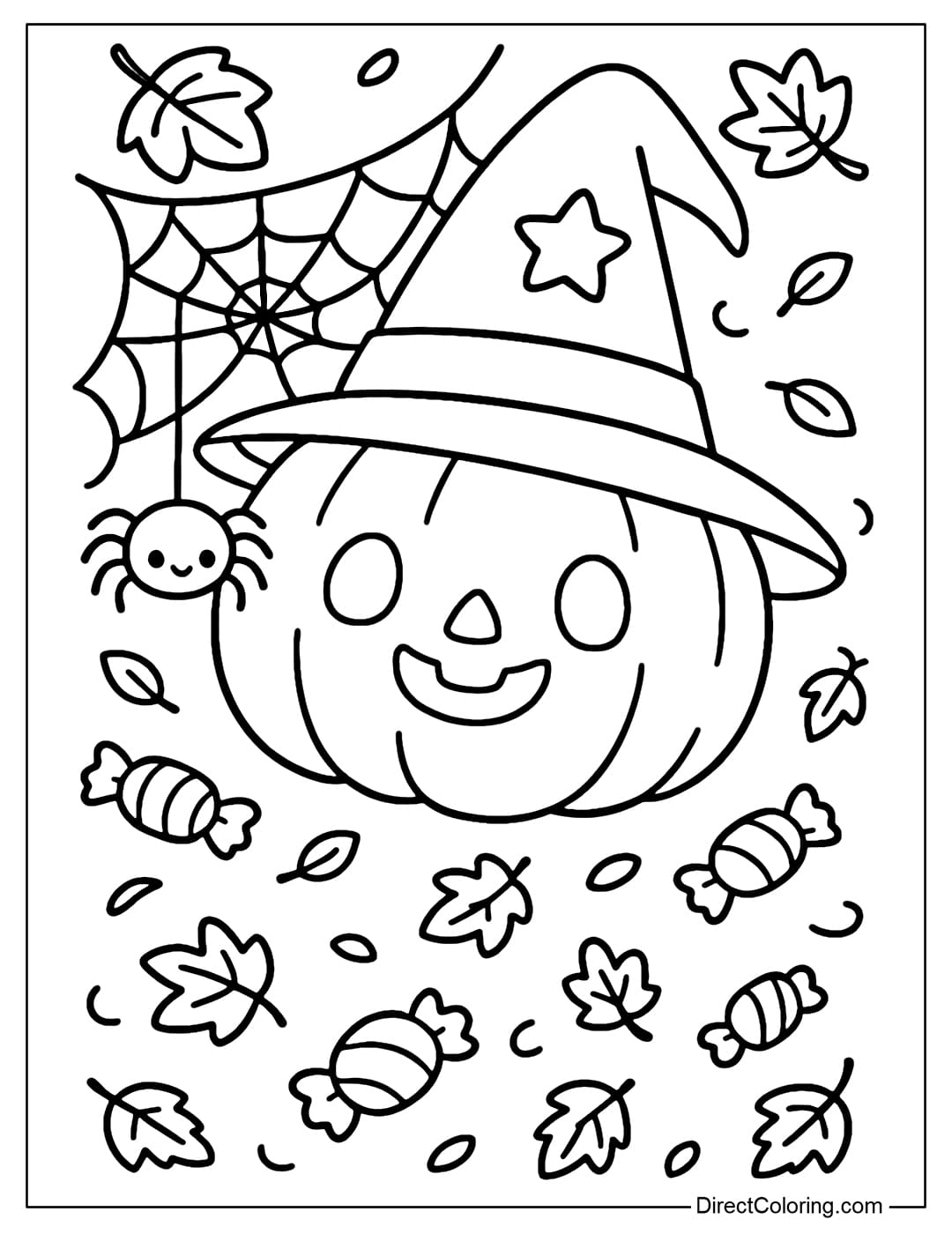A Halloween pumpkin lantern coloring page with a cute pink spider web and spider, wearing a witch hat.