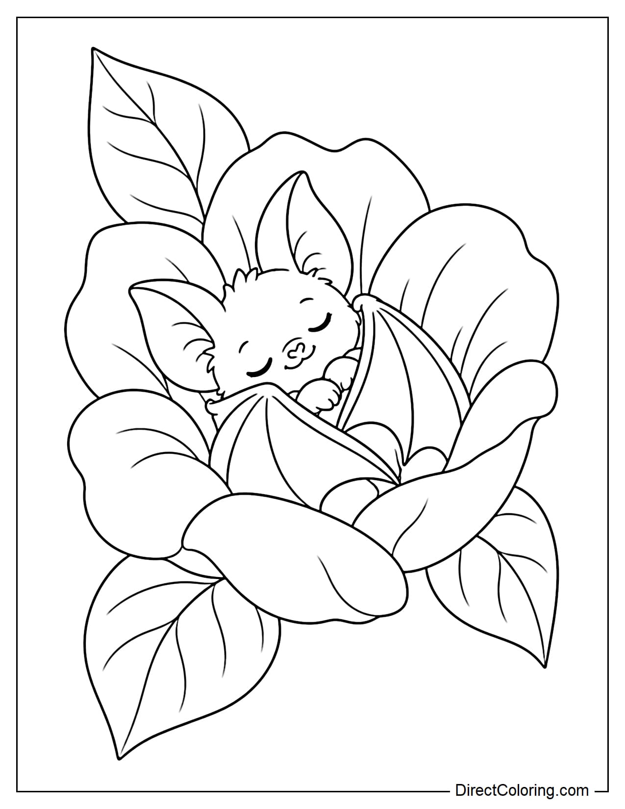A cute little bat curls up among the petals of a giant flower, gently wrapping its wings around its body with a peaceful, relaxed expression.