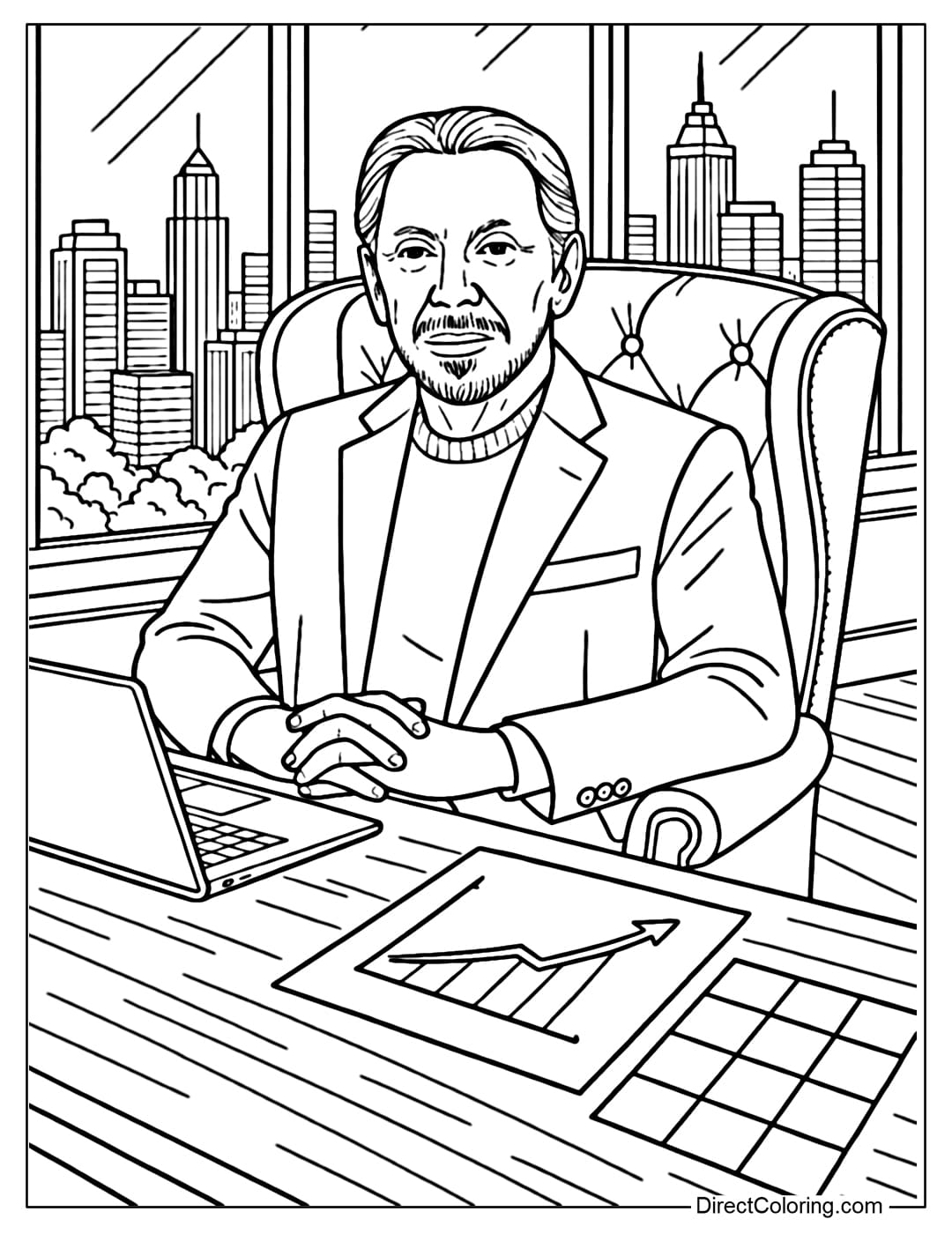 Larry Ellison at the Strategy Table Coloring Page Larry Ellison Coloring Page sitting in a luxurious conference room, on the table is a growth chart.