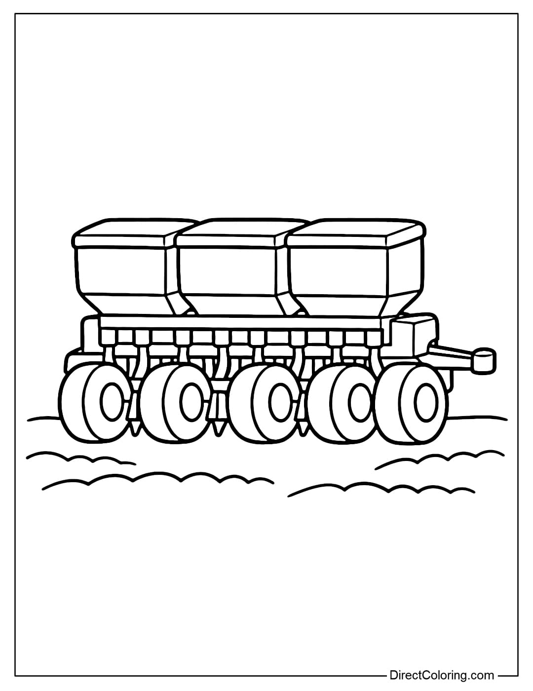 A coloring page of a seed drill machine with large containers and a row of simple wheels.
