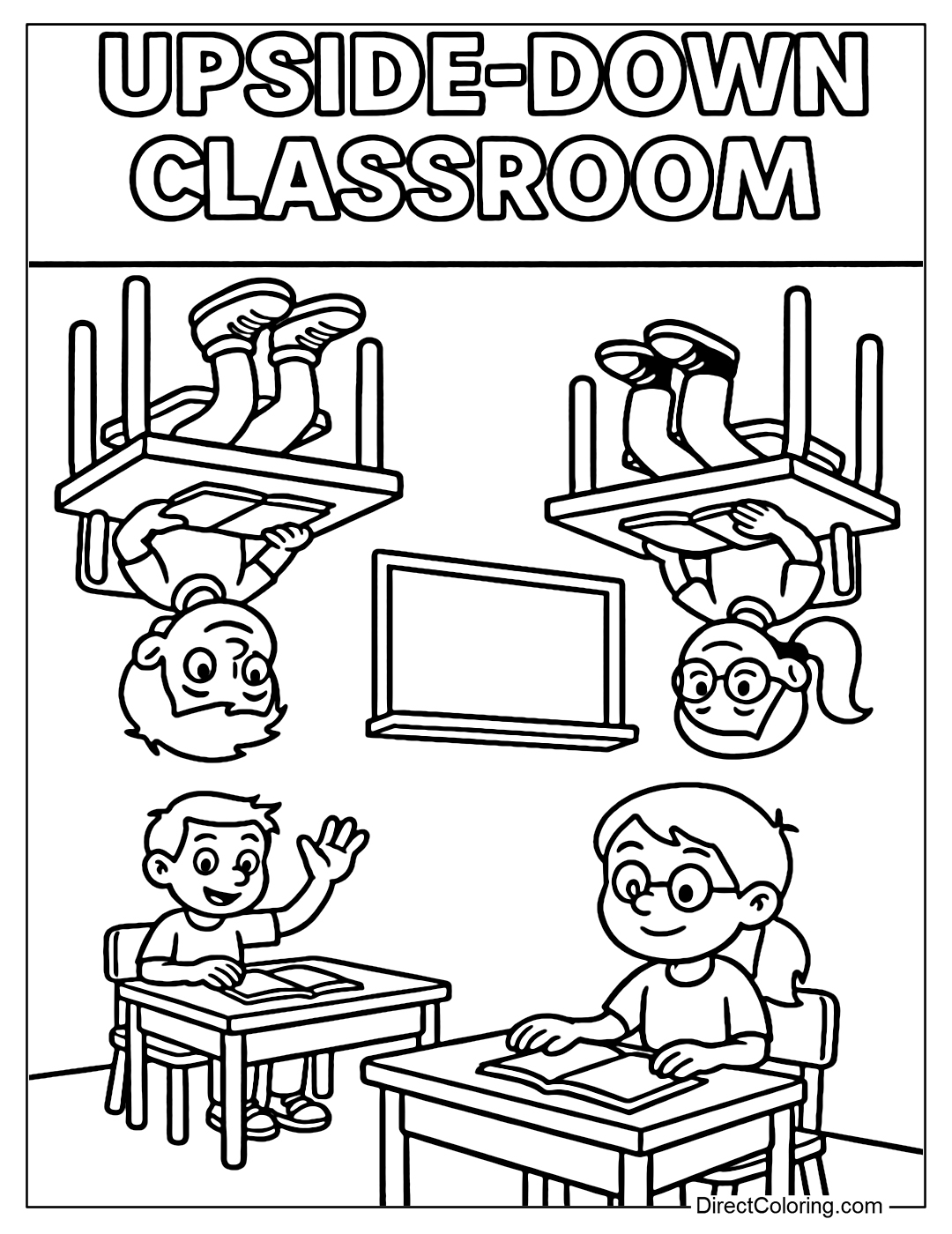 A coloring page of a classroom where all the desks and chairs are upside down, students are sitting on the ceiling!