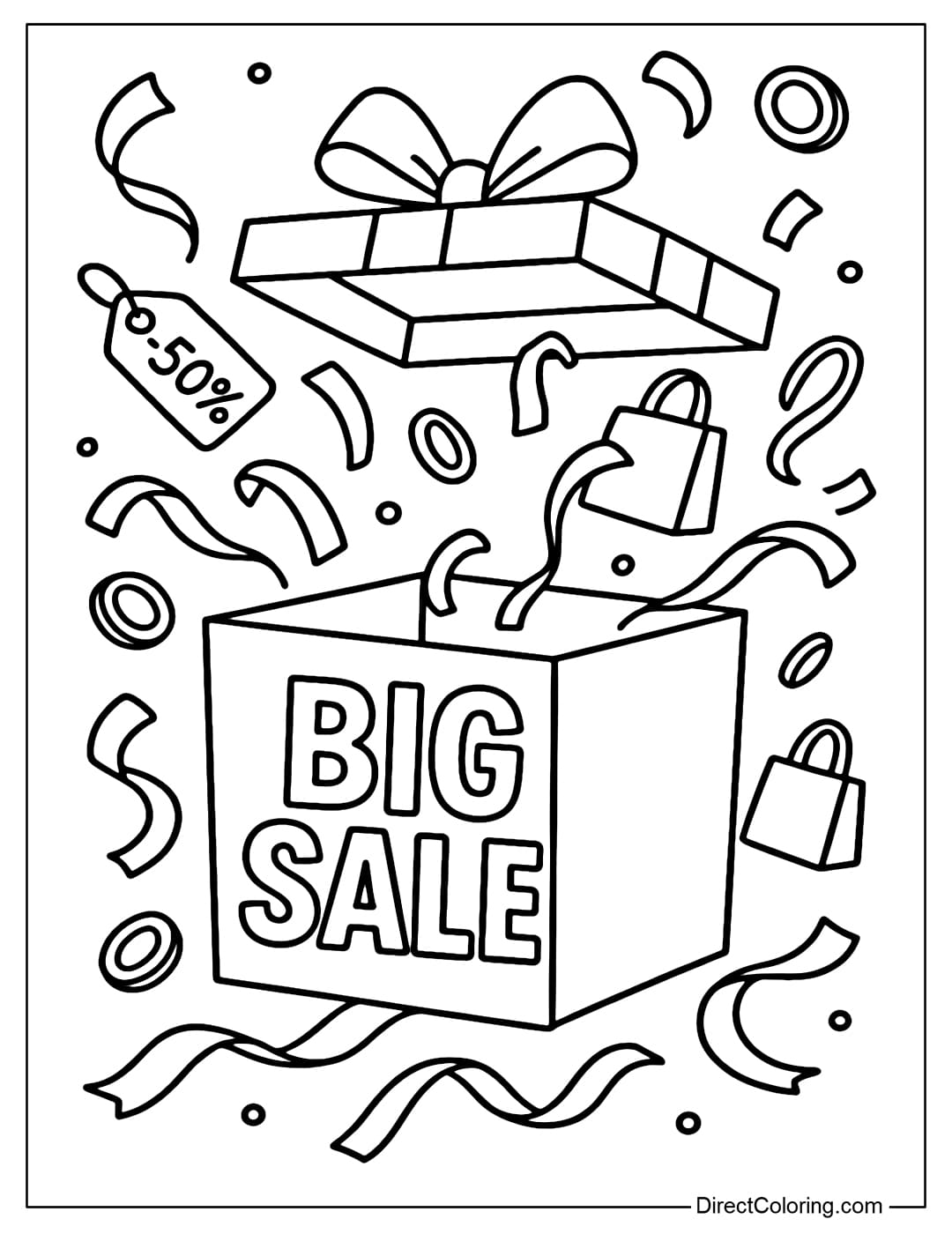 Coloring page of a giant Big Sale gift box, the lid of the box is opened, from inside fly out many discount tags, small shopping bags, coins and ribbons.