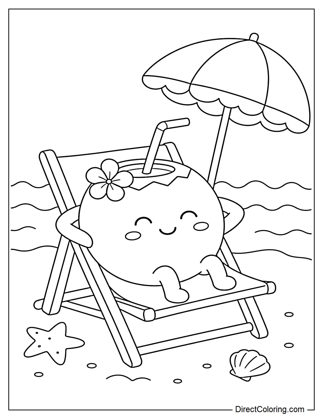 A coconut with a straw is relaxing on a sun lounger, next to a small umbrella and some gentle waves.