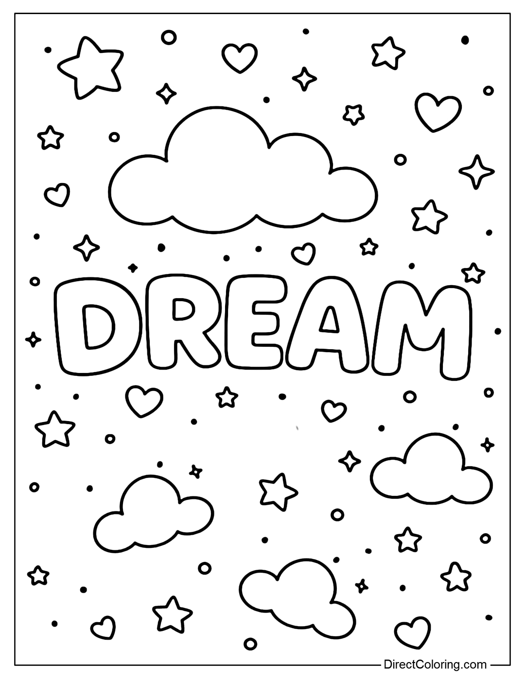Dream coloring page floats on a night sky full of stars, clouds and dreamy hearts.