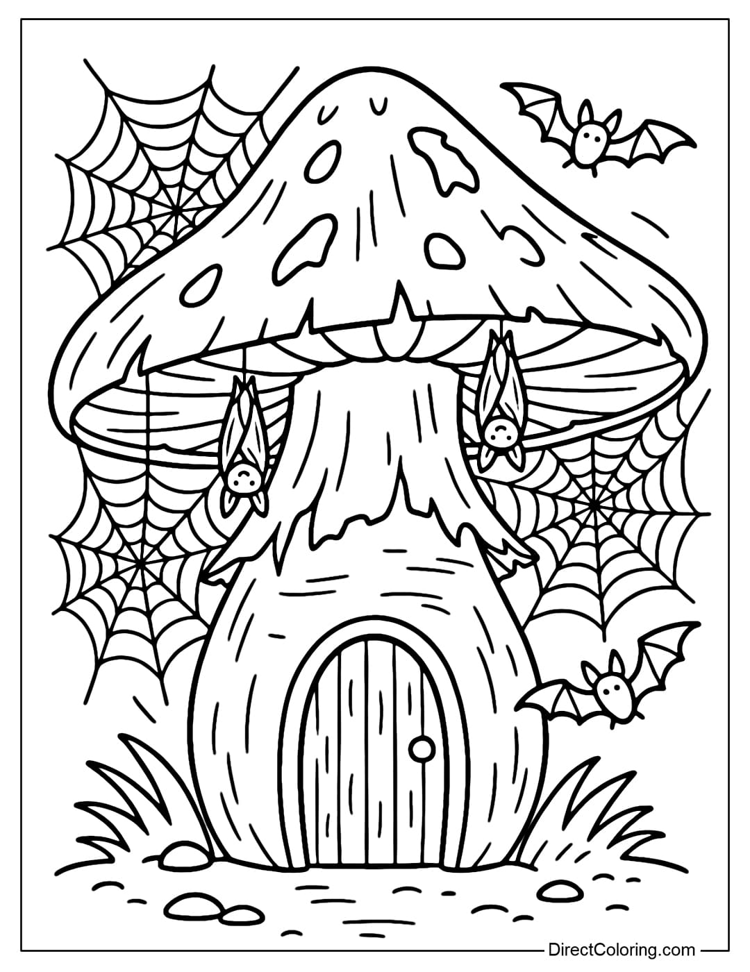 A giant mushroom-shaped haunted house coloring page, with spider webs and a few upside-down bats.