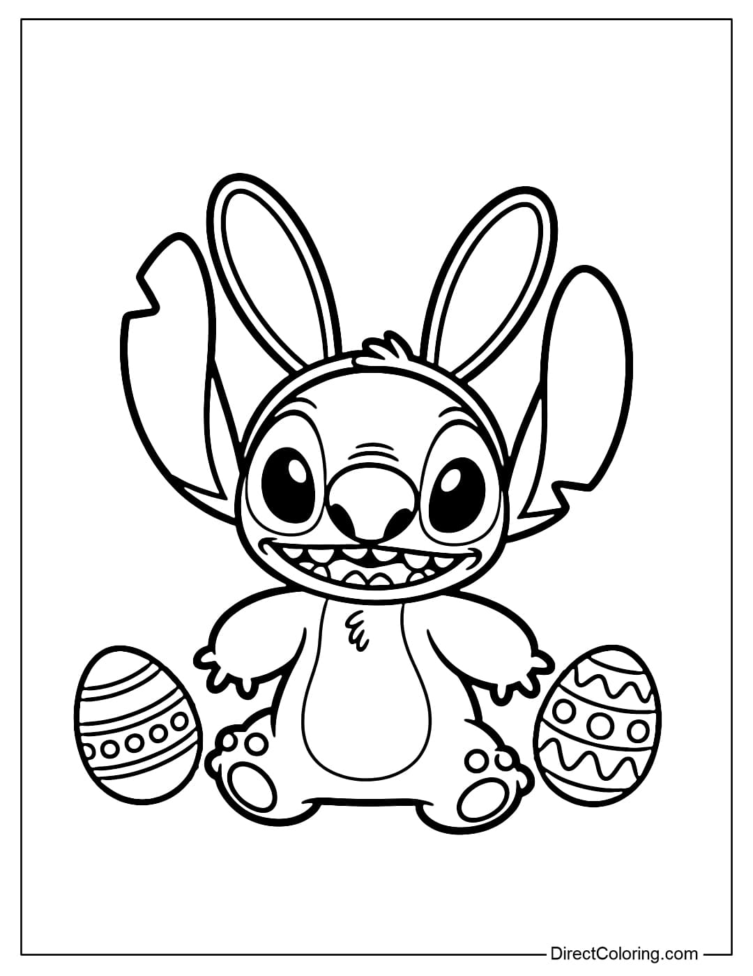 Stitch is wearing bunny ears and smiling cutely, surrounded by several Easter eggs.
