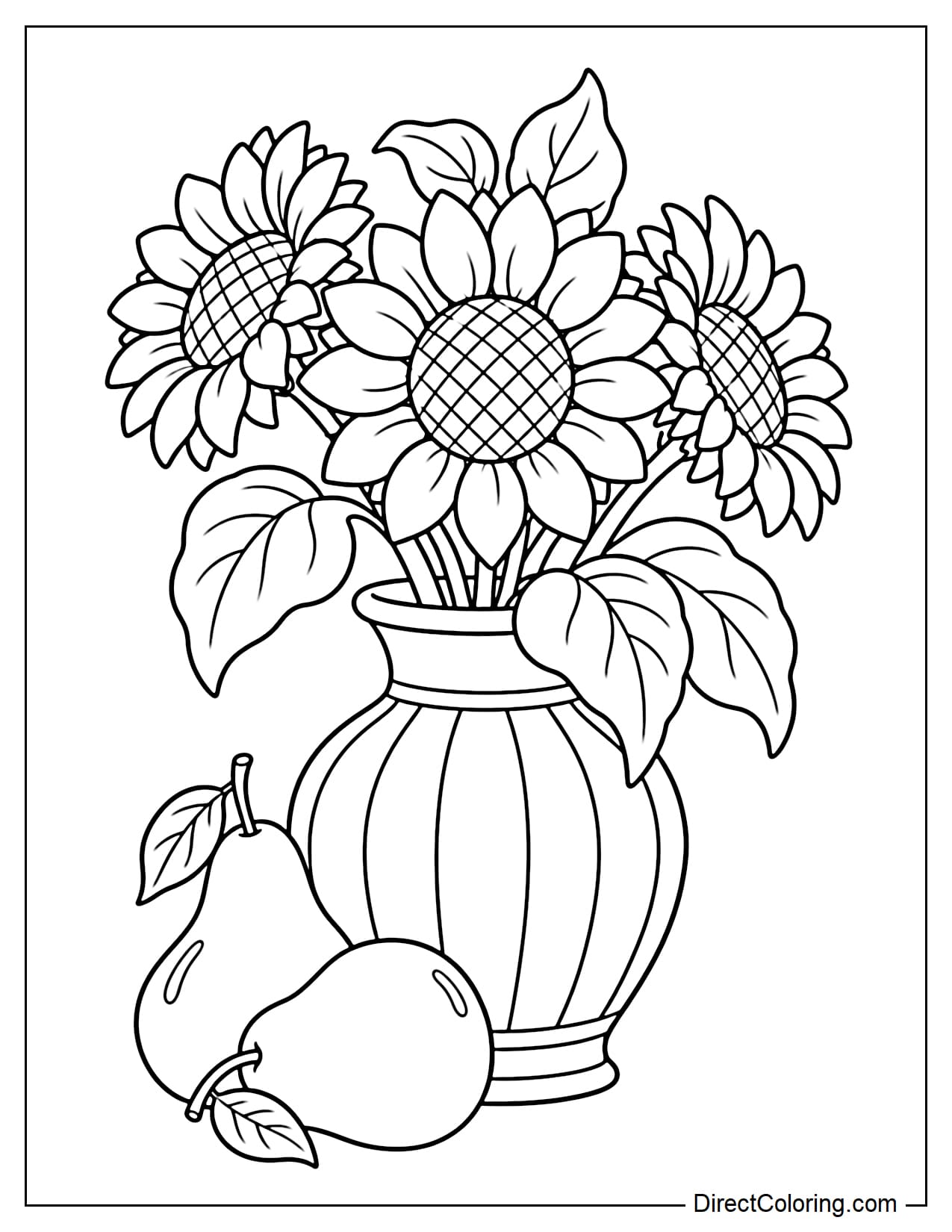 A tall, rounded ceramic vase holding three large sunflowers, with broad leaves draping around its opening. Two large pears sit in front of the vase.