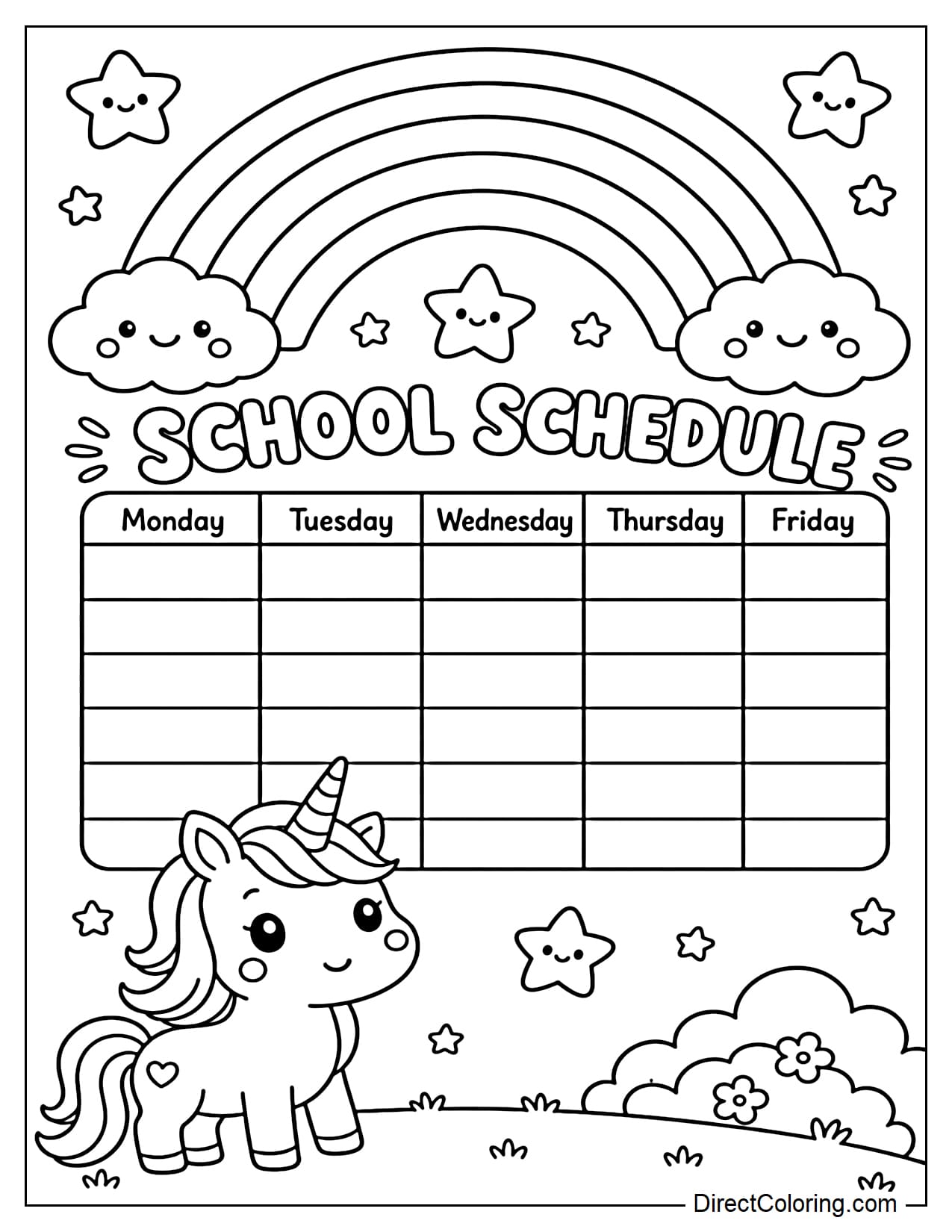 A rainbow schedule with a little unicorn standing under a large curved rainbow, next to a five-day weekly schedule board with some cute little stars.