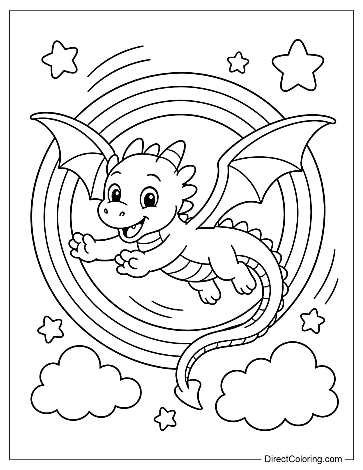 A dragon is flying through a large rainbow ring, with its front legs stretched forward, wings spread wide, and tail curved into an S shape.