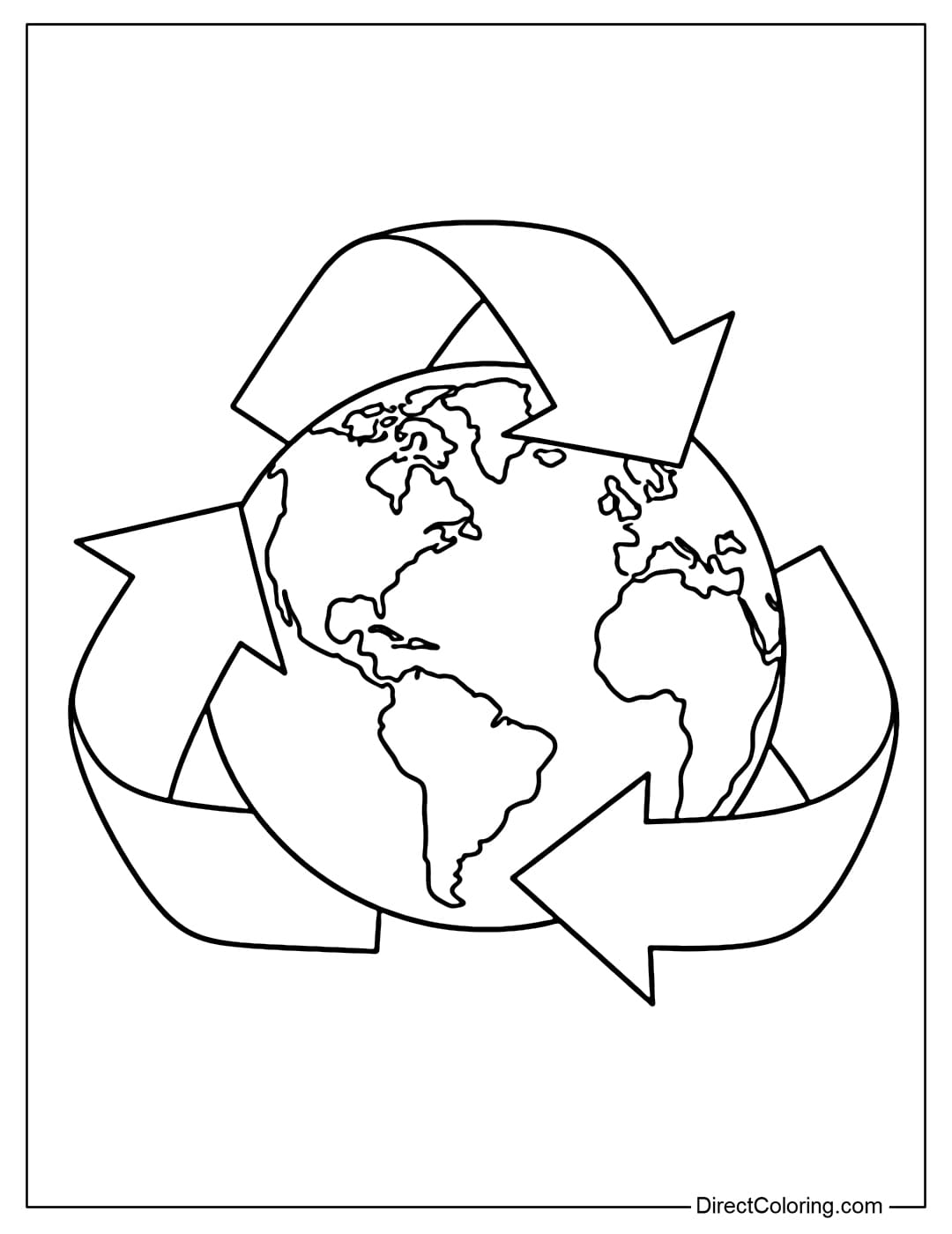 A coloring page featuring a large Earth in the center surrounded by three recycling arrows forming a circle.