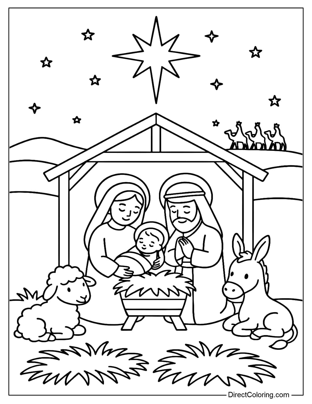 Holy Family coloring page, above is the star of Bethlehem, there is 1 sheep and 1 donkey, straw, on the distant horizon are 3 wise men.