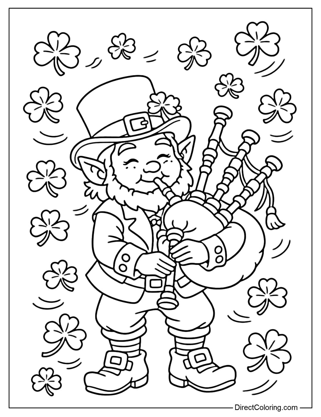 A coloring page of a Leprechaun playing a traditional Irish bagpipe, surrounded by flying shamrocks.