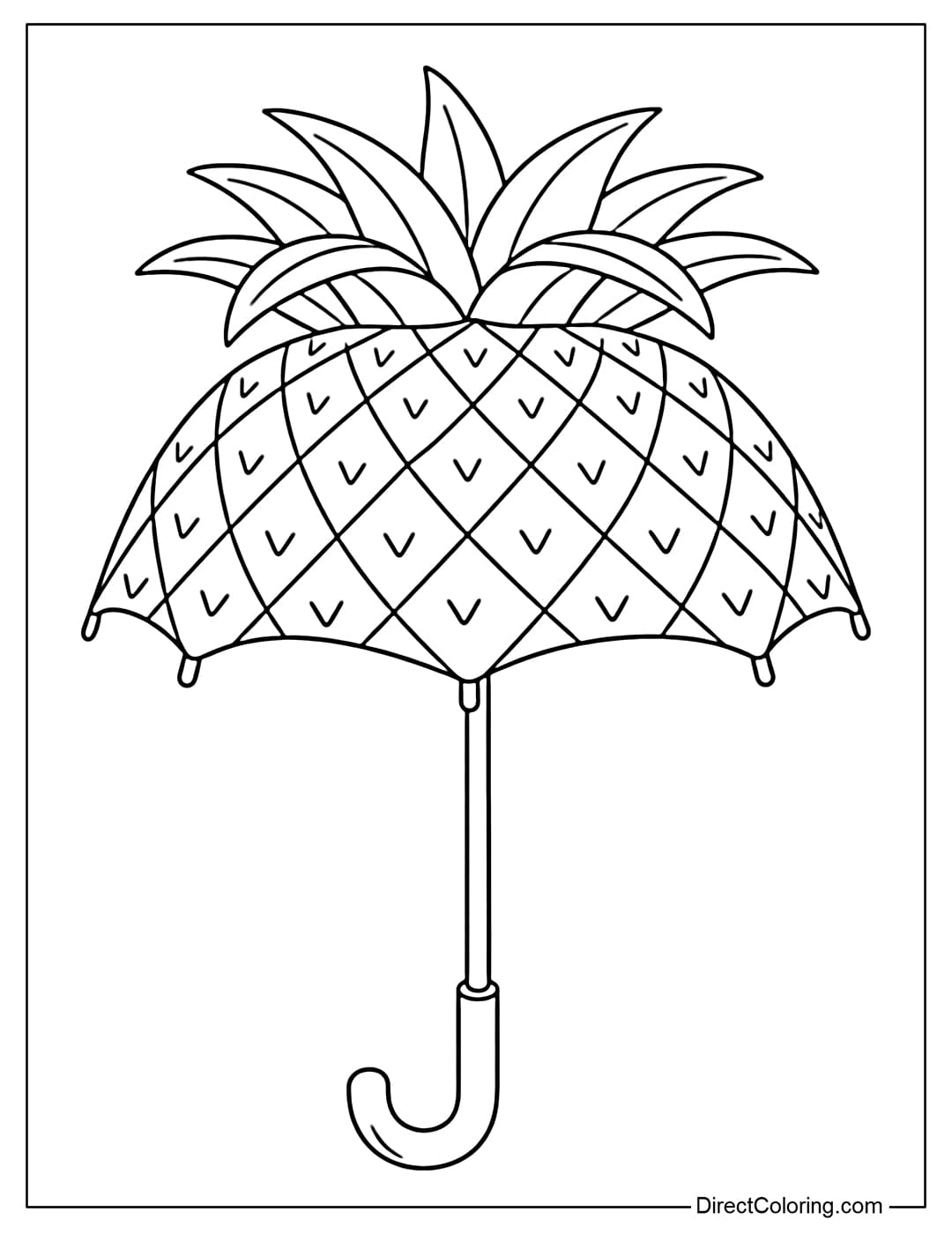 A coloring page featuring a pineapple-shaped umbrella with a cluster of leaves spreading out like a canopy.