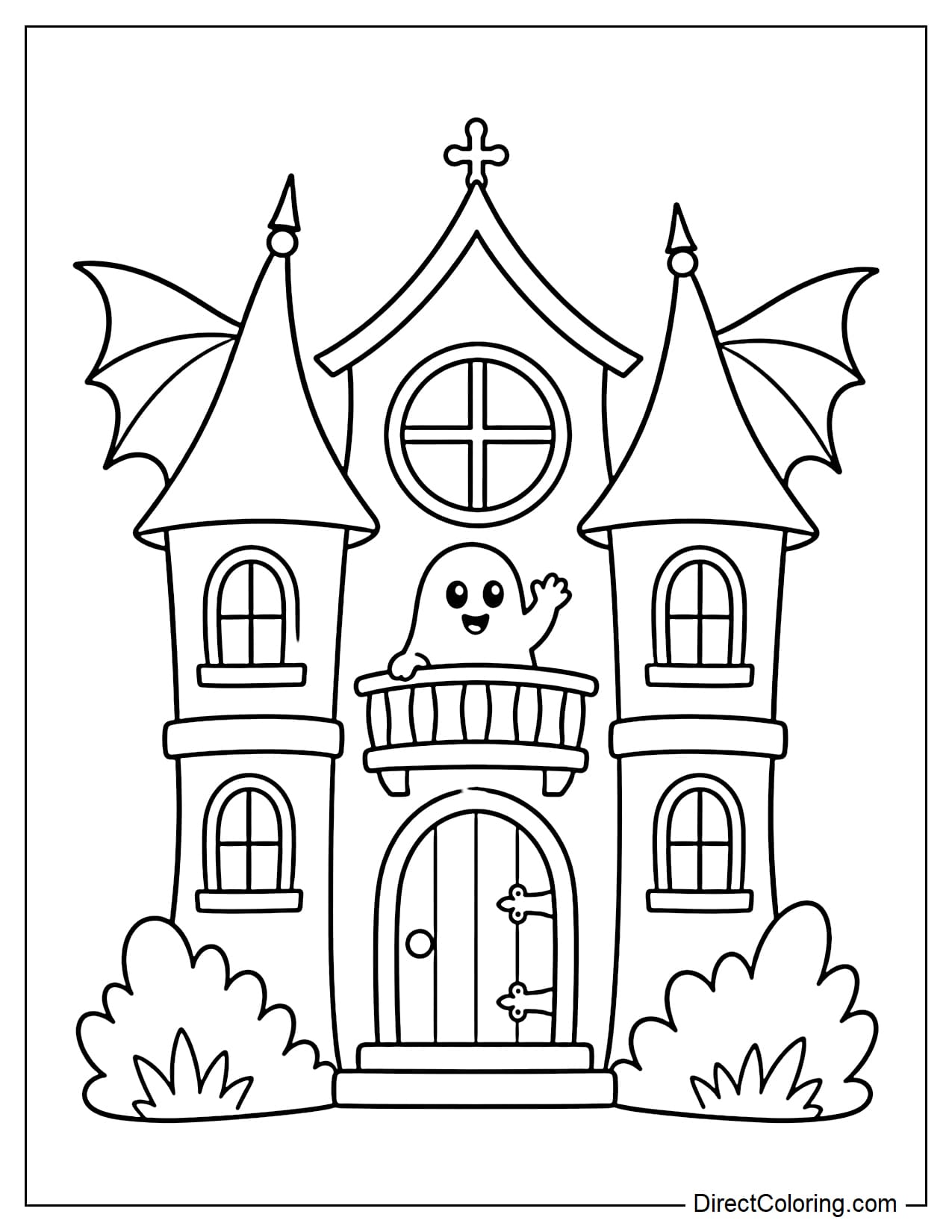 A haunted house has two side towers with roofs spreading outward like giant bat wings. A large round window sits in the center, with a small balcony where a ghost stands and waves.