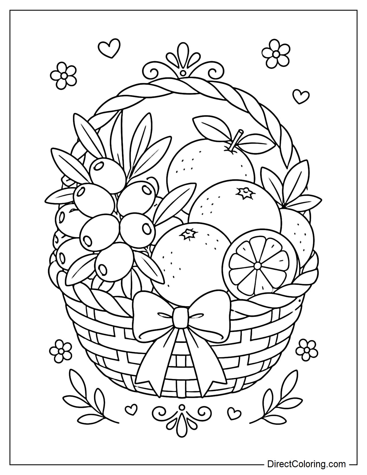 A cute basket of olives and oranges in the Spanish style, with large, round fruits, decorated with leaves and a bow.