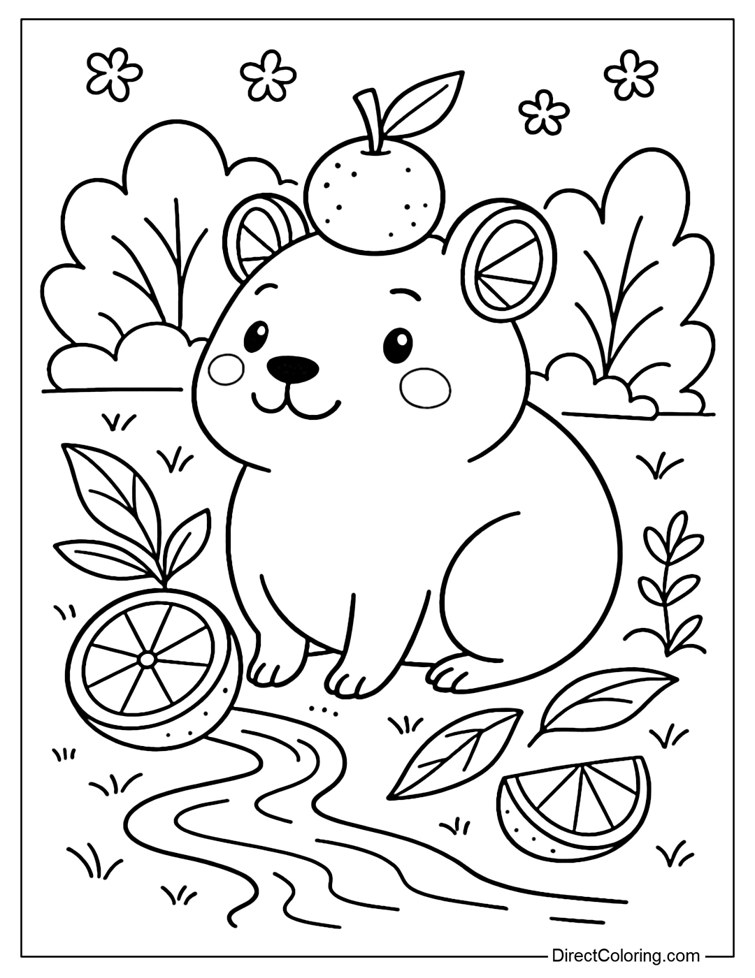 A capybara coloring page with a round body like a yellow orange, ears like thin orange slices, cute dimples, a small orange with leaves on its head.