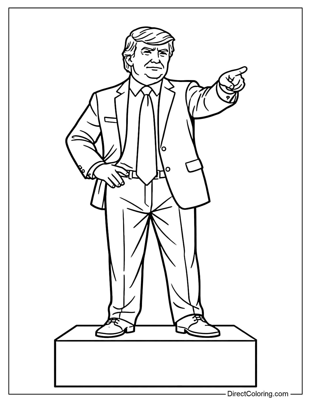 A Donald Trump coloring page showing him standing on a low rectangular platform in a leadership pose.