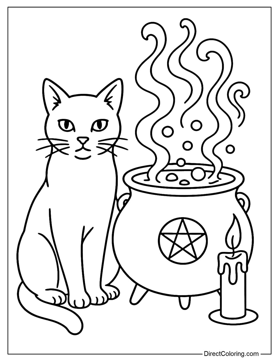 Magical cauldron coloring page with black cat and candle next to it.