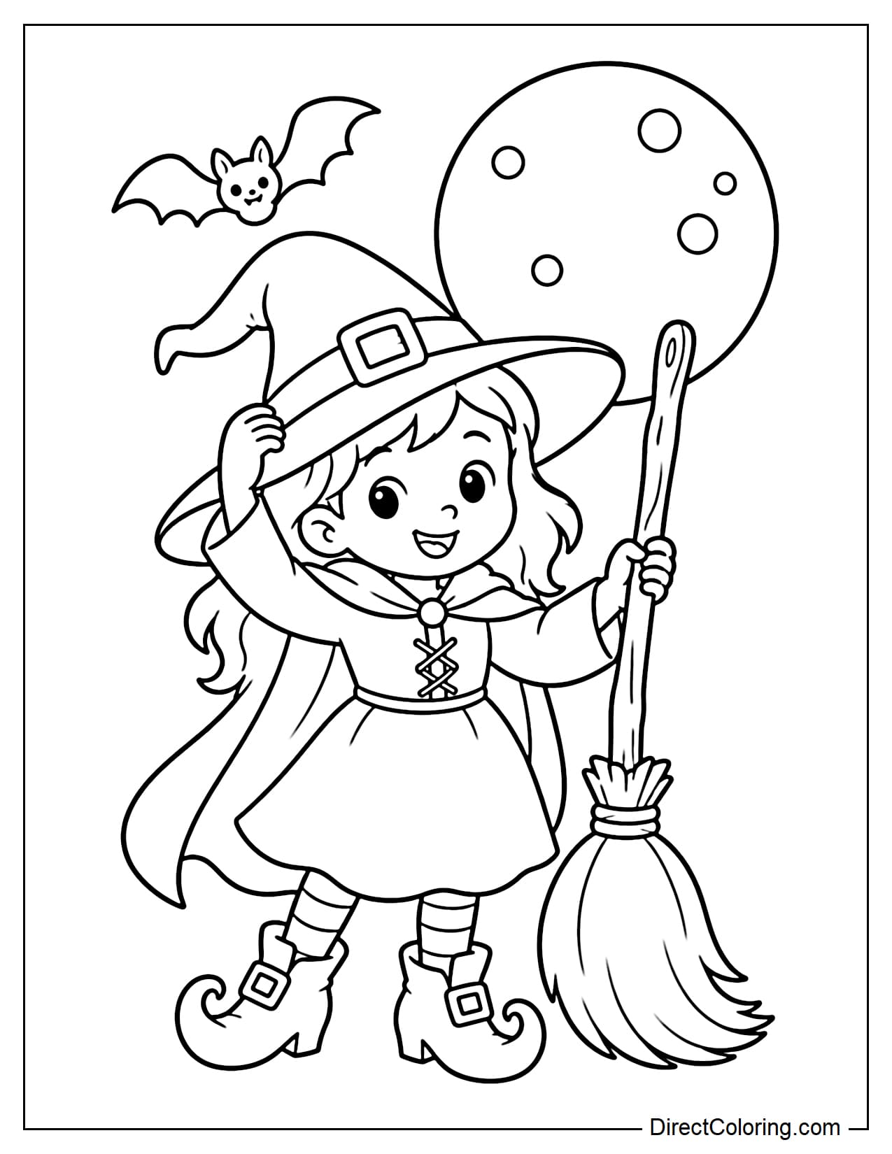 A witch standing beside her flying broom, holding onto her witch hat with one hand to keep it from blowing away while gripping the broom with the other, ready to take off.
