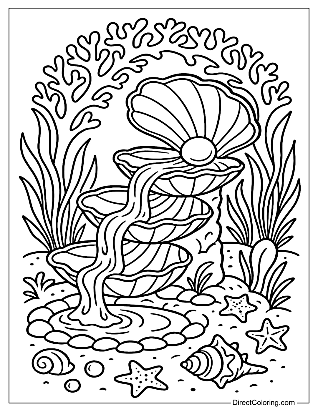 Vertical coloring page, small waterfall created by 3 large shells arranged in an S-shaped curve, each shell is slightly open, water flows along the edge of the shell ribs and then falls to the lower shell, creating a gentle flow.