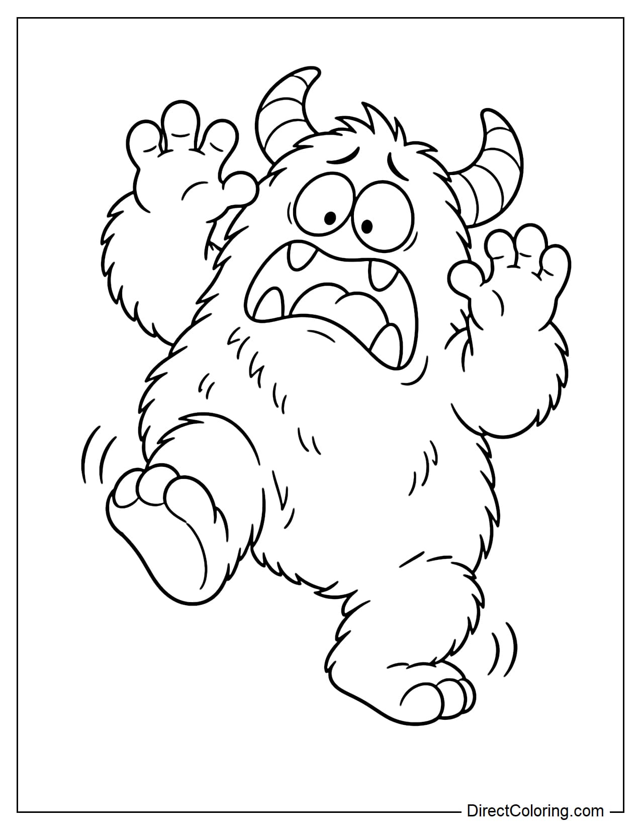 A big monster jumps up in fright with both hands raised and a comically frightened expression on its face.