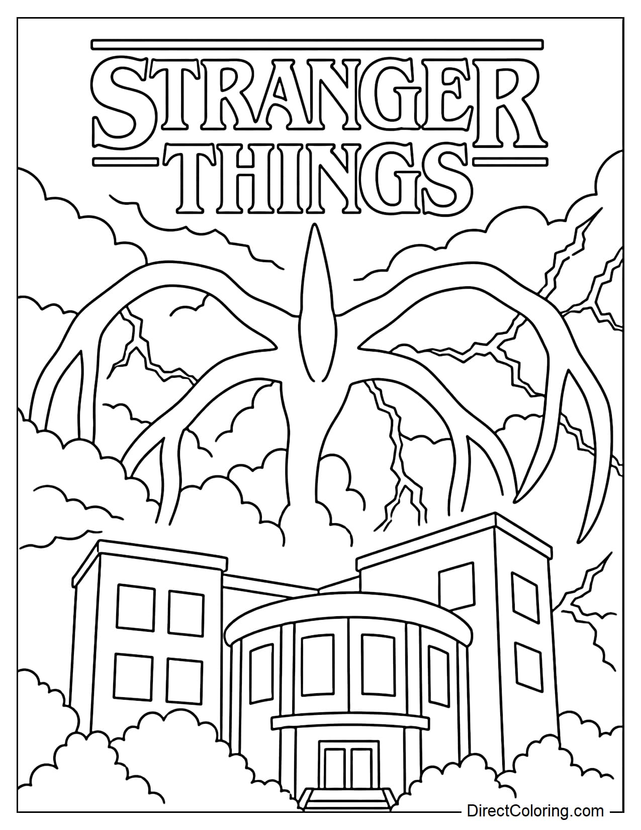 The Mind Flayer rises above Hawkins beneath stormy clouds and lightning, creating an ominous Stranger Things scene.