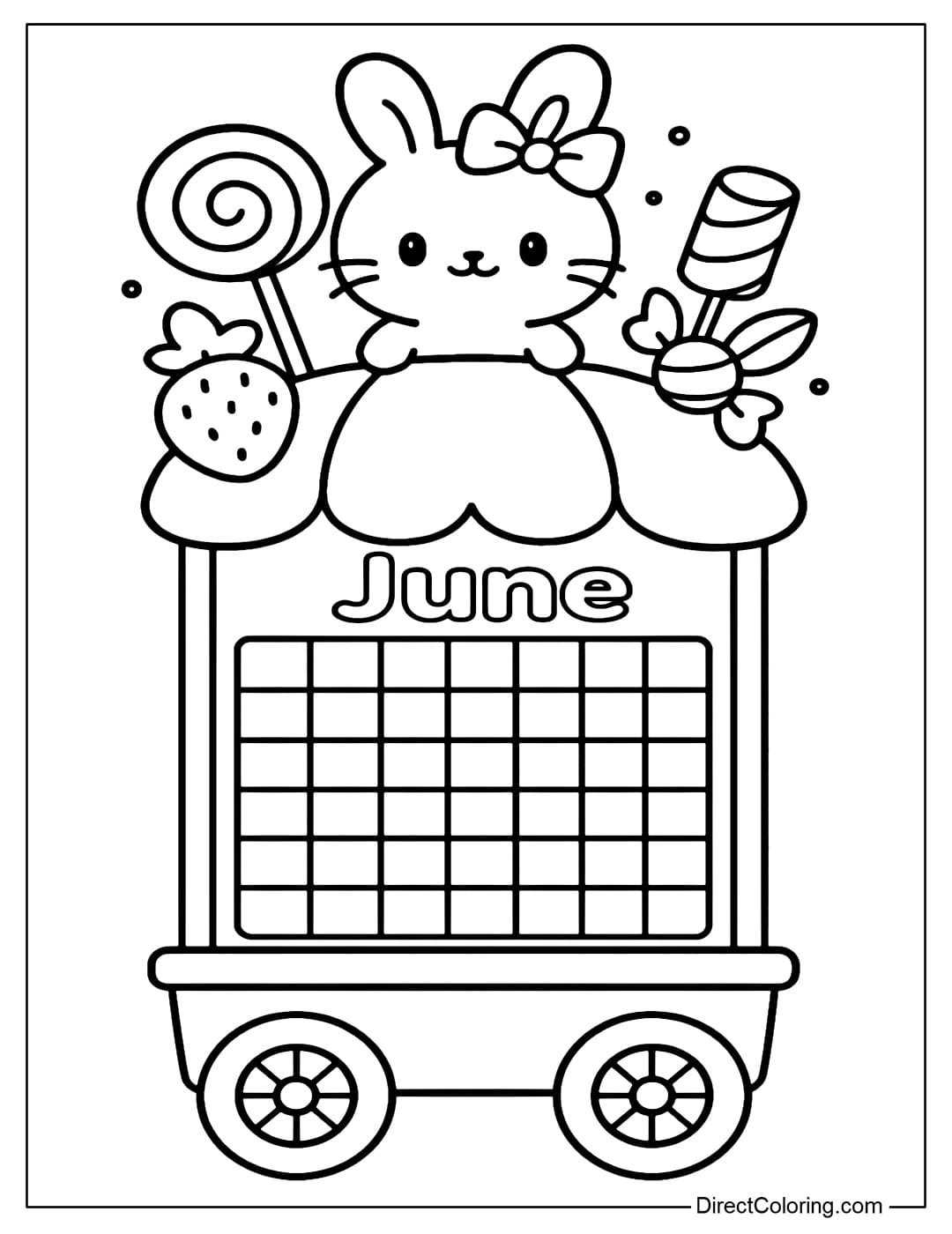 June calendar coloring page featuring a small candy cart, with the calendar on the front of the cart and a chibi bunny standing next to various candies on top.