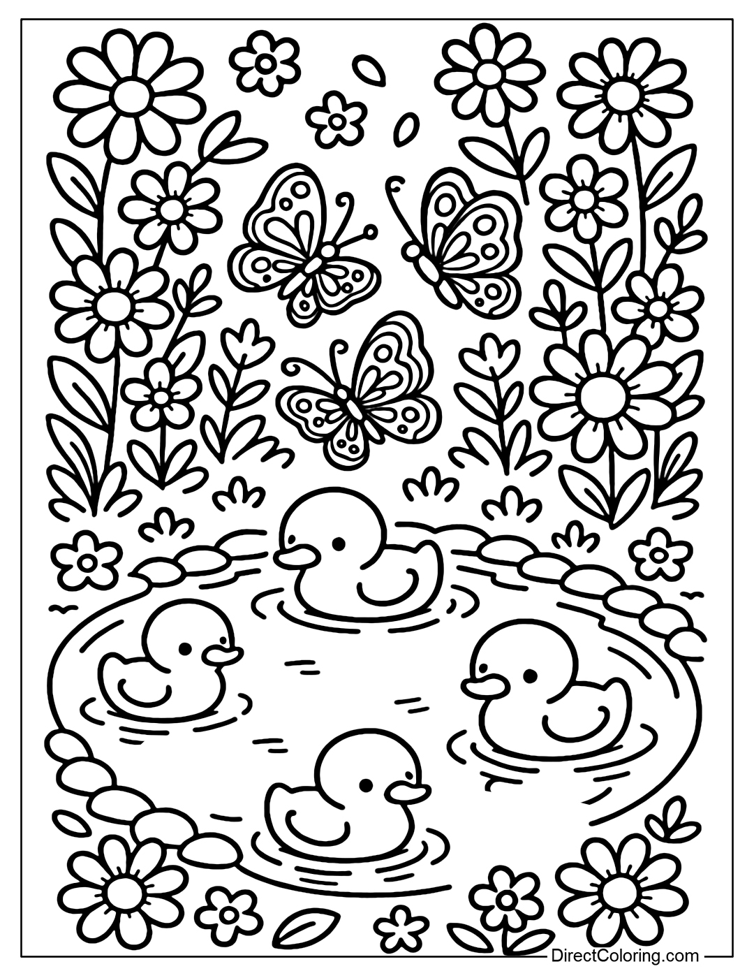 A small pond coloring page in the middle of the flower garden, a few ducklings swimming, butterflies flying close to the shimmering reflection of the water.