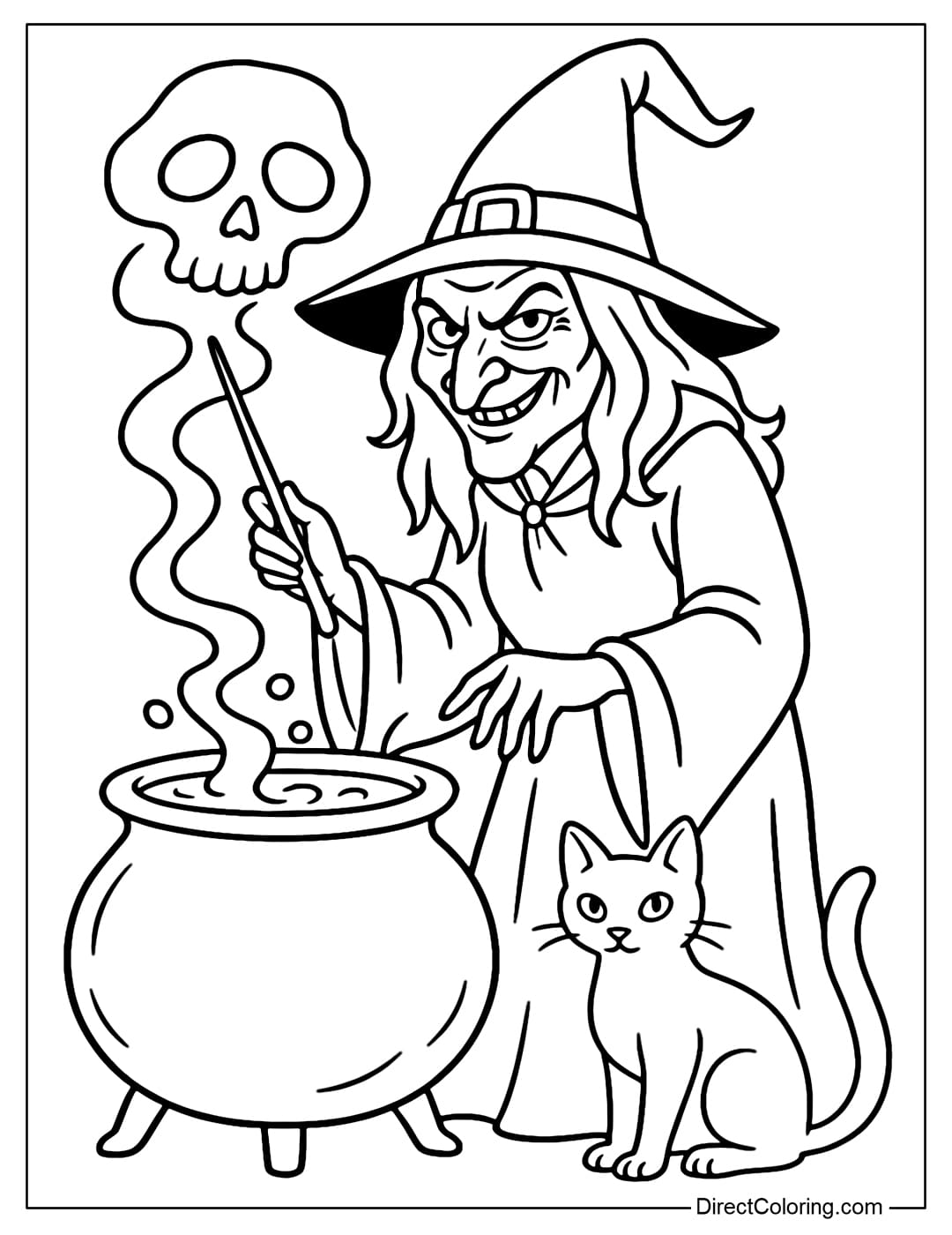 A coloring page of an evil witch with a sinister smile, standing in front of a cauldron with smoke rising in the shape of a skull.