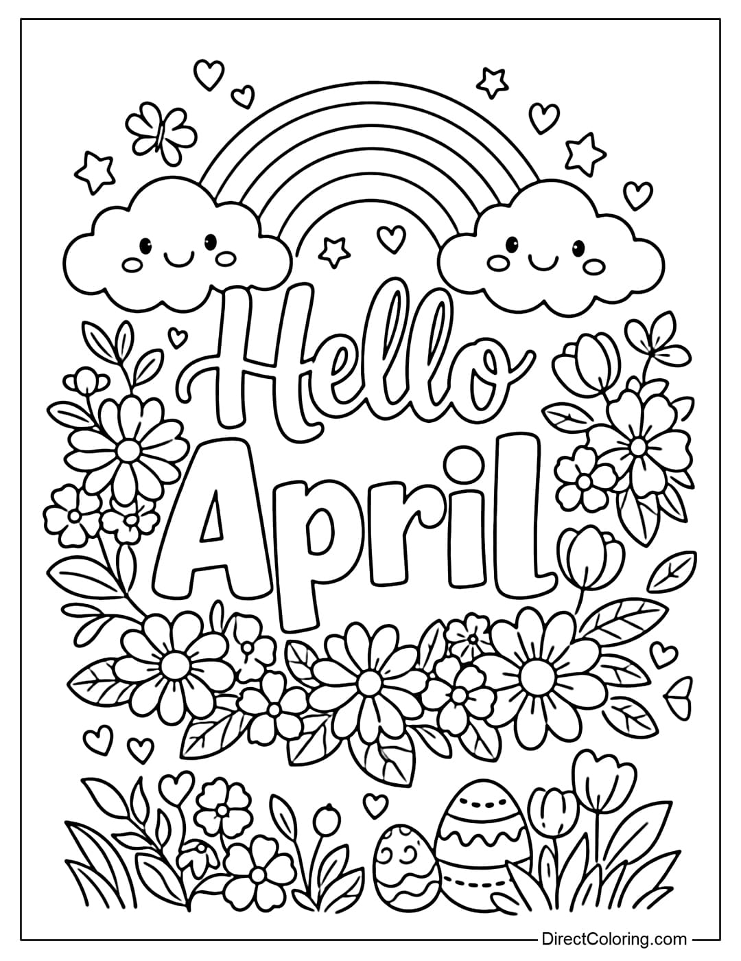 A coloring page for the words “Hello April” decorated with cute flowers, rainbows, and clouds.