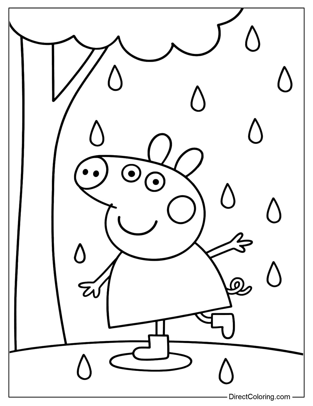 Coloring page Peppa Pig wearing boots, 1 leg bent up playfully standing in the rain next to a big tree.