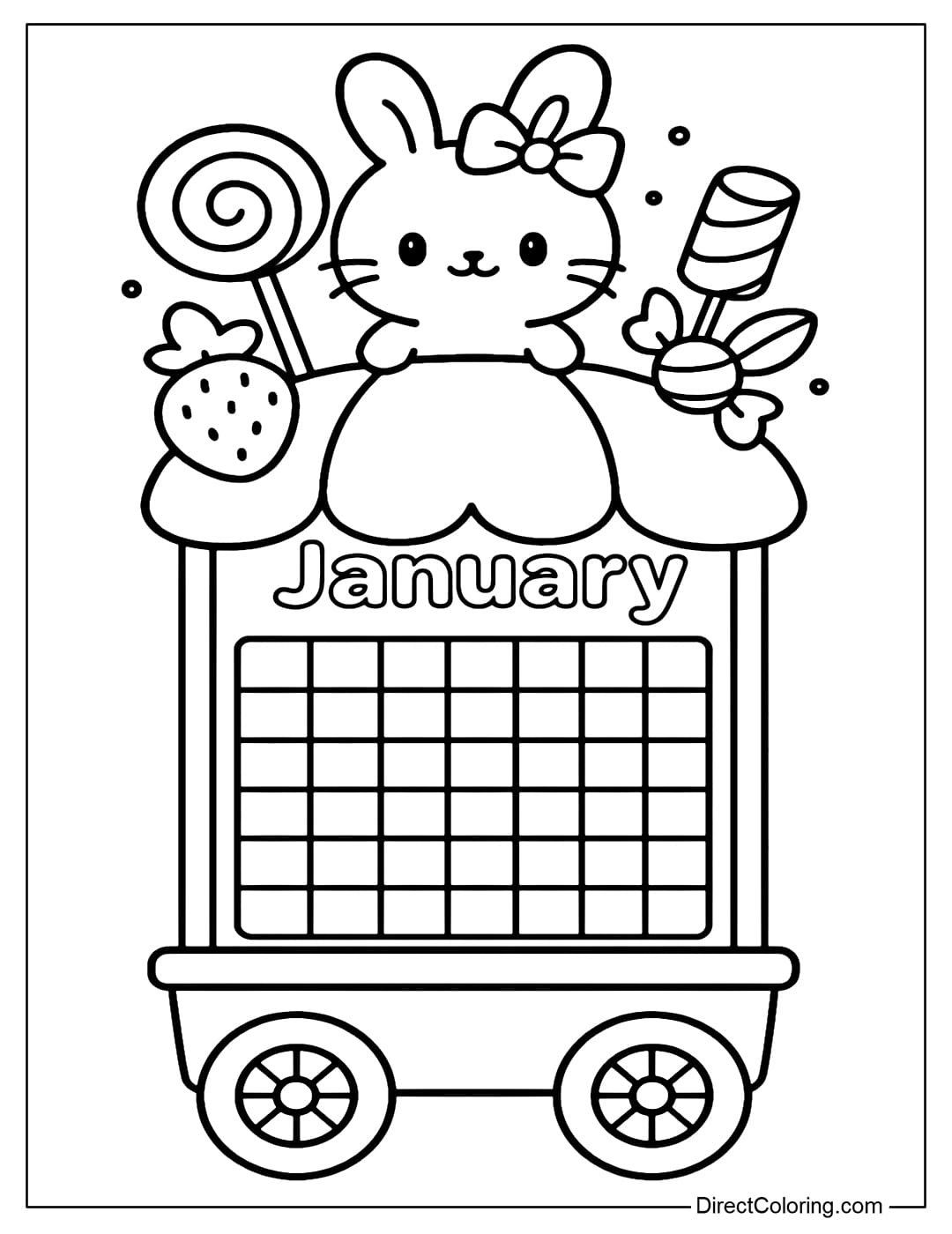 January&nbsp;calendar coloring page featuring a small candy cart, with the calendar on the front of the cart and a chibi bunny standing next to various candies on top.