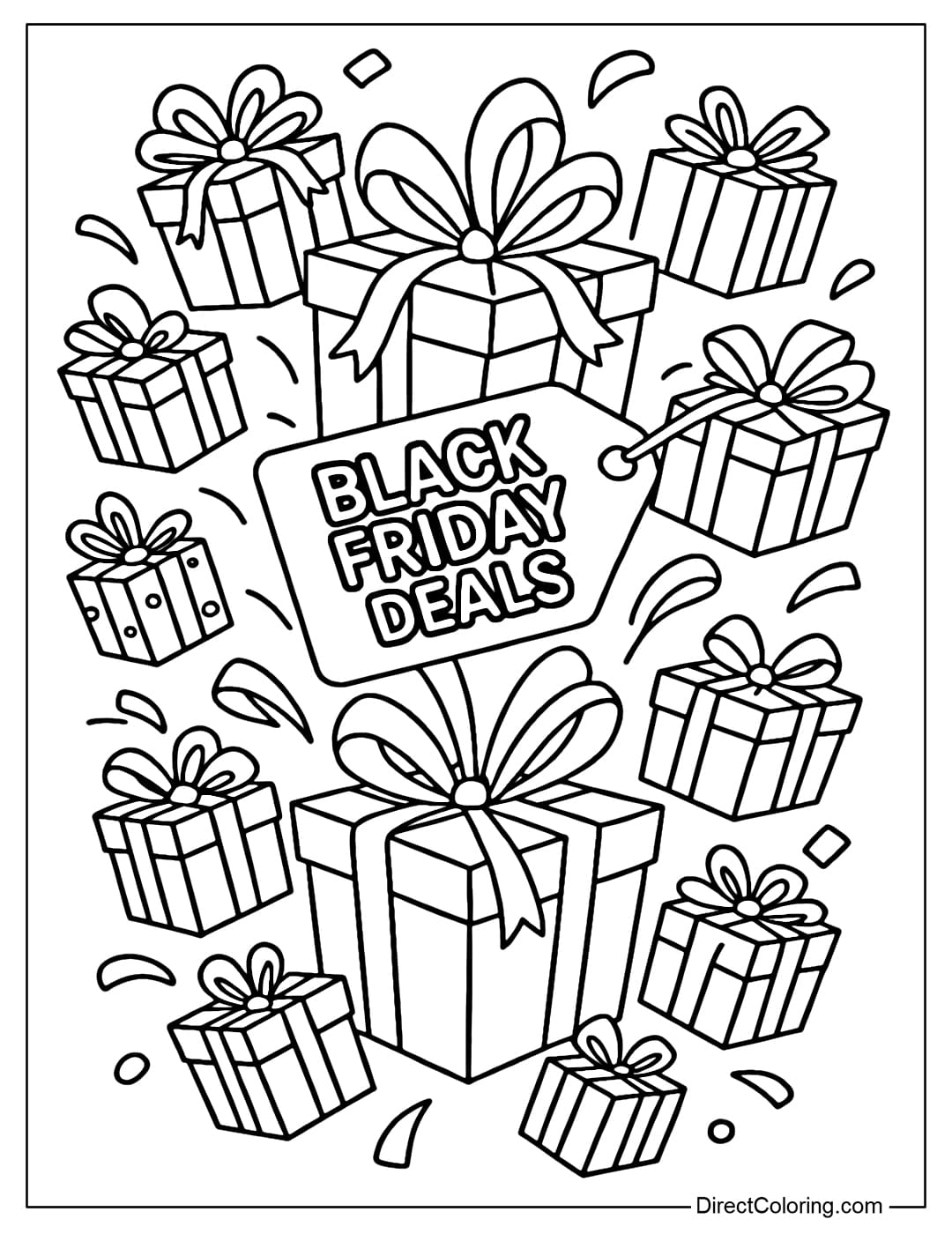 A coloring page with many gift boxes bursting with bows, and the tag 