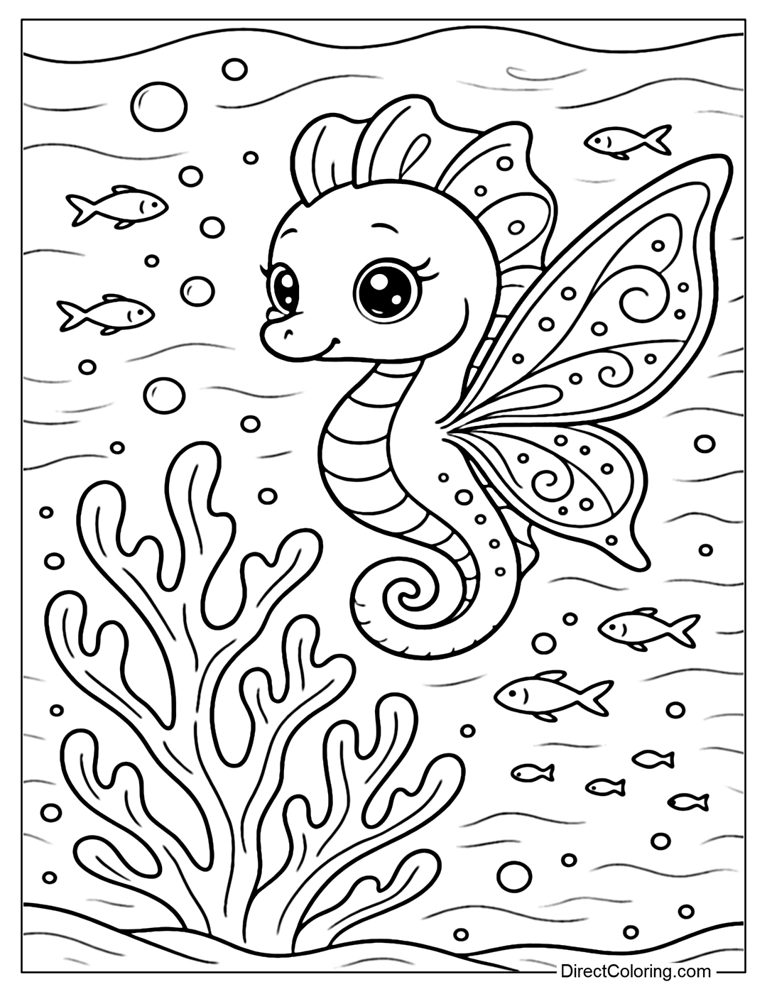 A coloring page of a small seahorse with fairy wings, flying around a giant coral flower under the dreamy water.