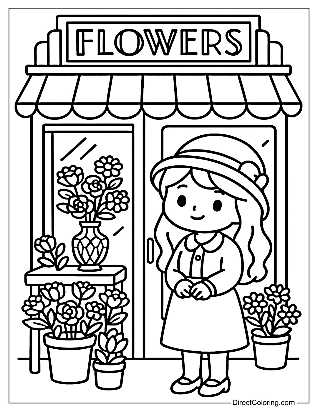 Time-travel flower shop coloring page stops in the 1920s, Art Deco sign, crystal vase, customers wearing cloche hats