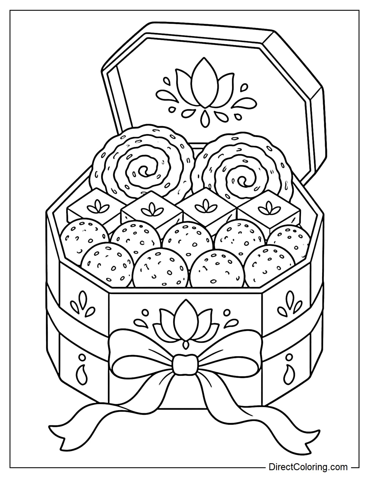 An octagonal Diwali sweet box with its lid open, revealing layers of ladoo, barfi, and jalebi. A lotus decoration adorns the box, along with a large bow and flowing ribbon tails.