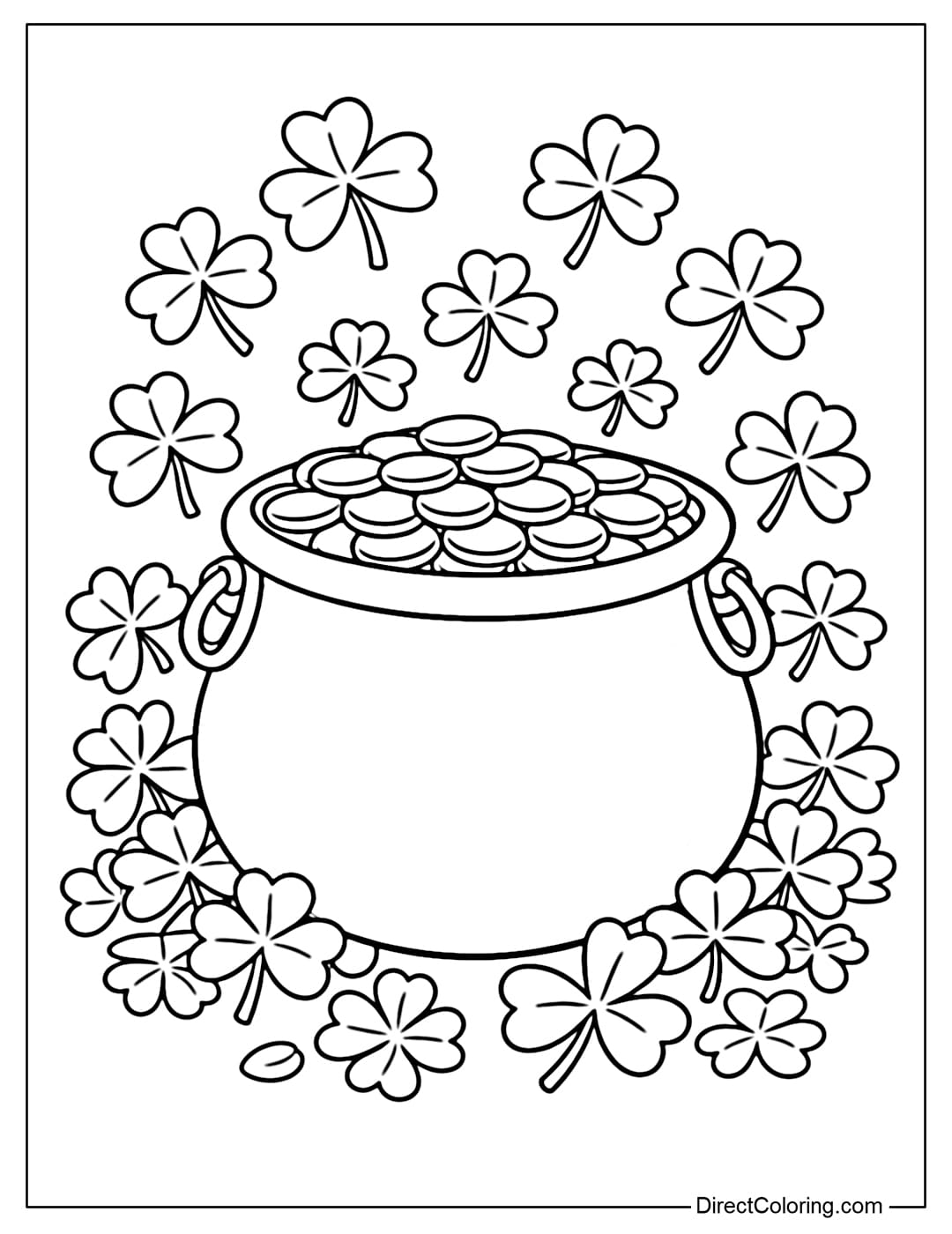 A coloring page of a traditional gold pot for St. Patrick's Day, surrounded by shamrocks.