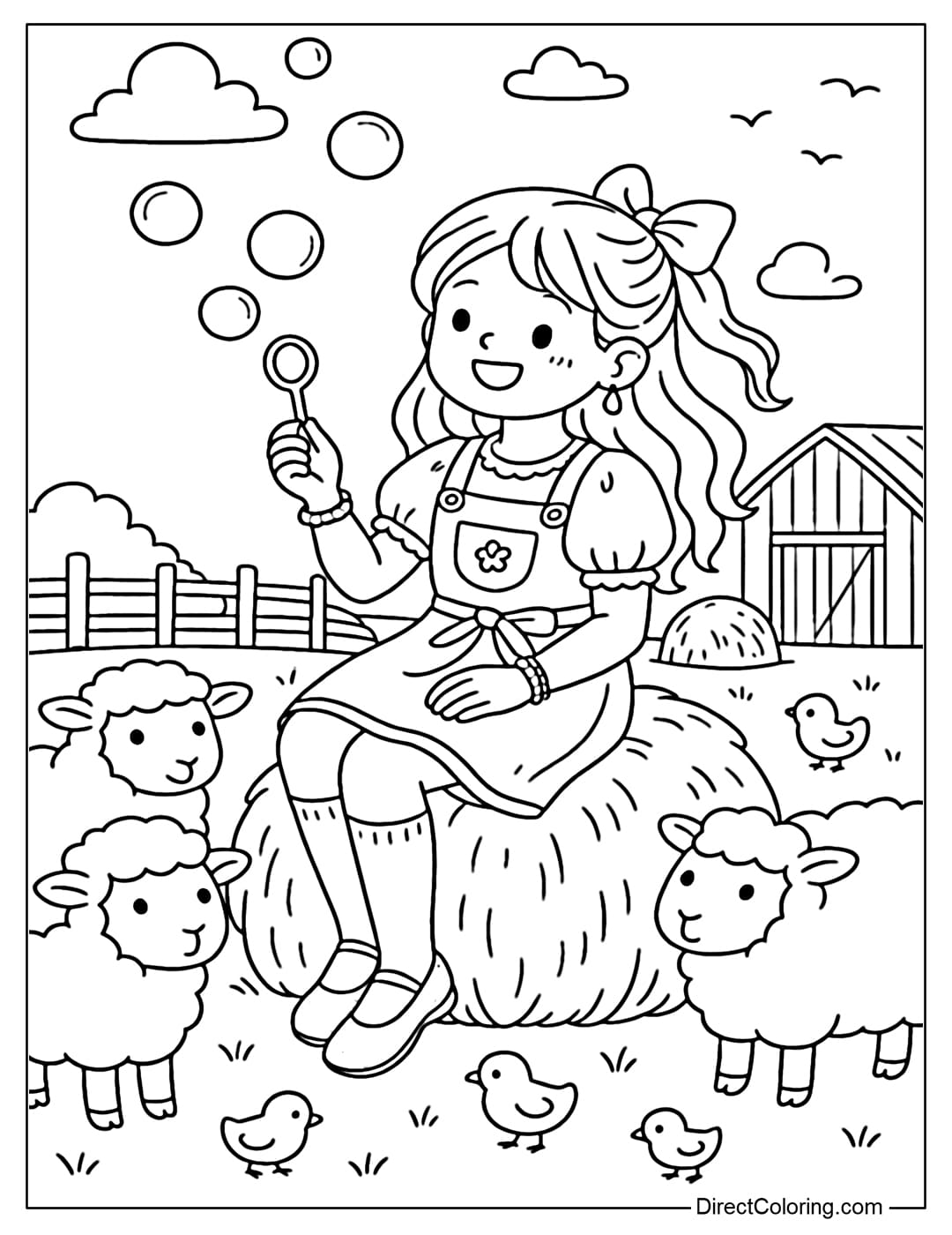 a cute farm girl blowing soap bubbles in farmyard coloring page.