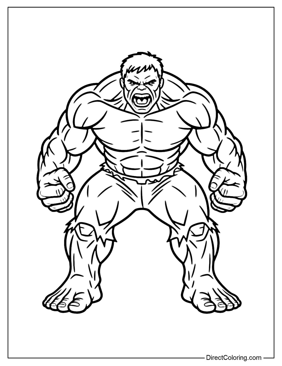 A coloring page of Hulk roaring with bulging muscles, his hands clenched in powerful grip.