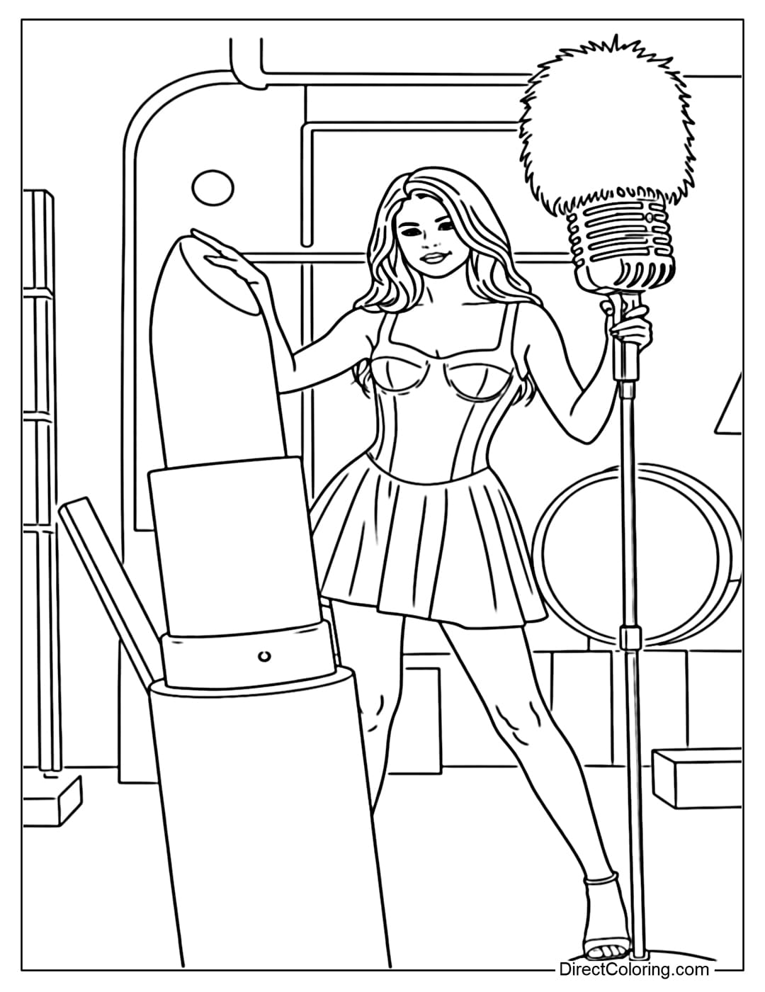 A coloring page of Selena Gomez in a studio setting, confidently posing next to a giant lipstick model and a classic feather-covered microphone.