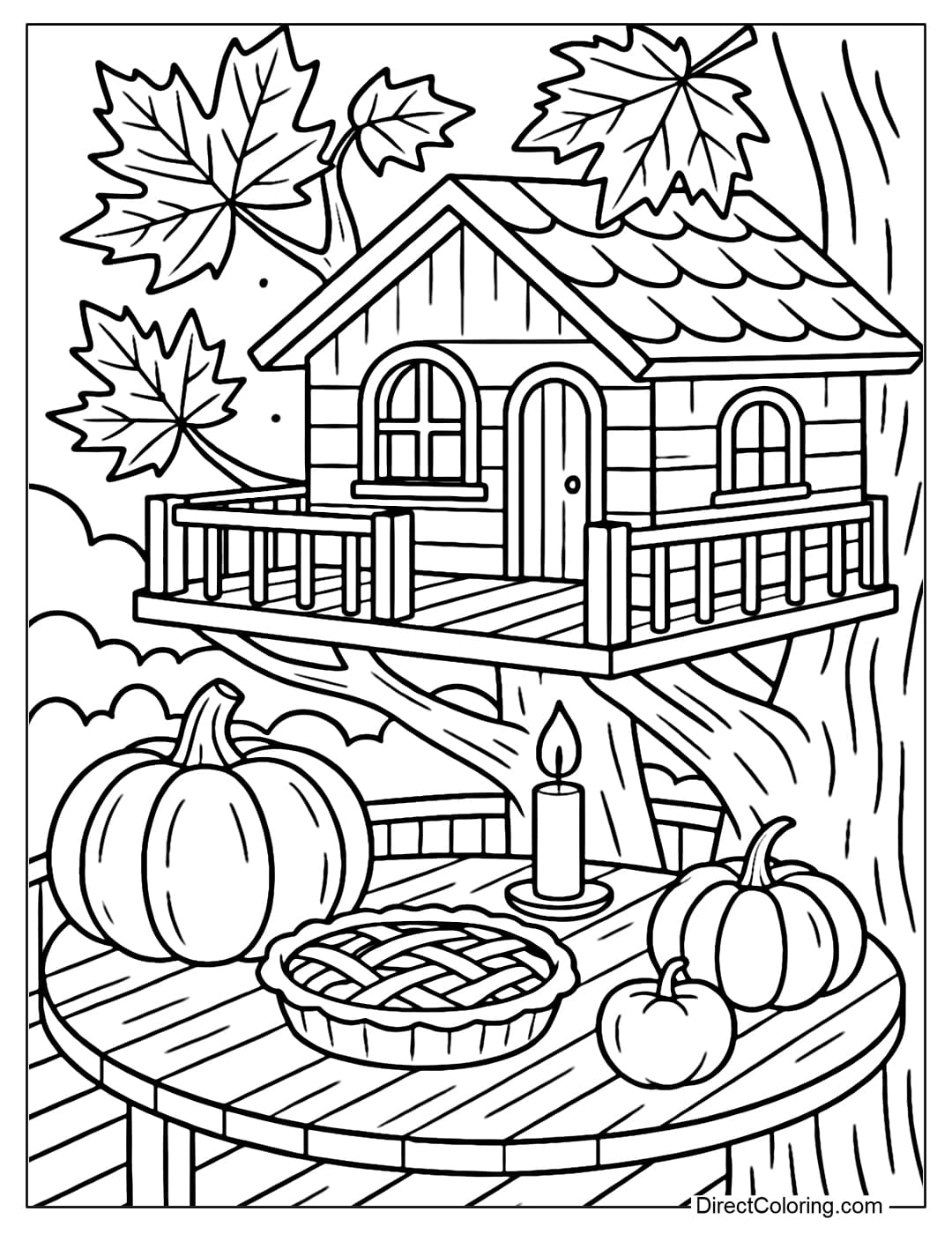 A Thanksgiving table coloring page set in a treehouse made of wood and maple leaves, with pumpkins, apple pie and candles.