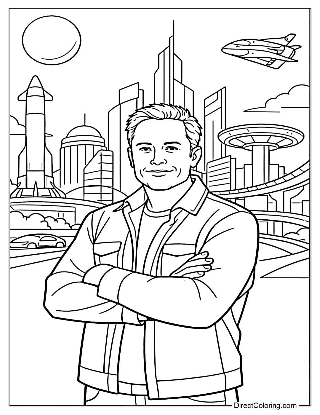 A coloring page of Elon Musk standing in front of a futuristic city with simple buildings.