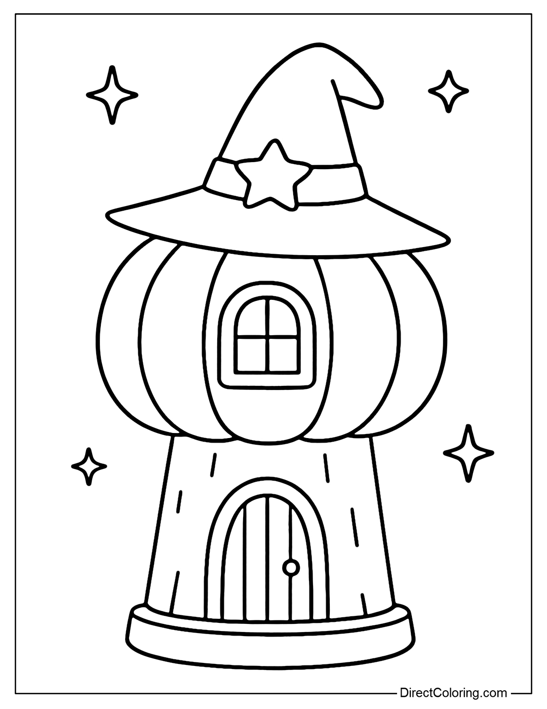 Magic pumpkin tower coloring page with glowing windows.