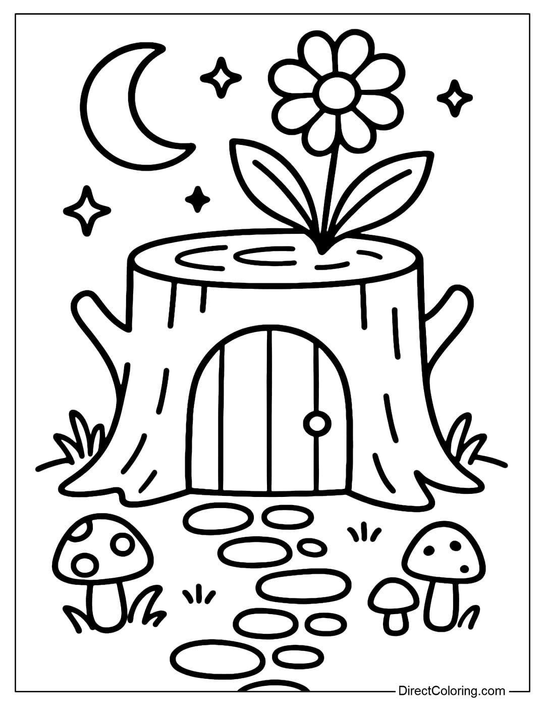 Moonlight Stump Coloring Page A tree stump coloring page with a small round door, two short branches, a large flower and a few leaves growing on the roof.